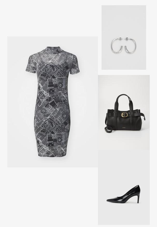 Robe ajustée grise avec des manches courtes, un col haut, et un design imprimé comportant divers motifs et textes dans des teintes contrastées.; Chaussure à talon haut en cuir noir avec un bout pointu, texture lisse et un talon effilé. Design minimaliste, sans embellissements supplémentaires.; Sac à main en cuir noir présentant un design structuré, deux poignées supérieures, un accent de boucle en ton doré et un logo de la marque en relief à l'avant.; Boucles d'oreilles en argent avec une finition lisse et brillante. Forme arrondie, conception légère, avec un fermoir à tige.