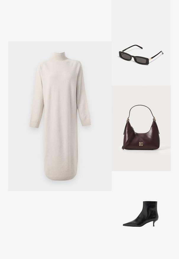 Rochie lungă de culoare crem cu guler înalt ribbed, mâneci lungi și tivuri ribbed, pe fundal alb.; Botine negre din piele, cu vârf ascuțit, toc subțire tip kitten și textură netedă. Design simplu, fără accente decorative.; Ochelari de soare rectangulari negri cu lentile întunecate, rame din plastic lucios și accente aurii pe tample. Design minimalist și formă elegantă.; Geantă de mână din piele burgundă, cu o formă curbată, accente aurii pe feronerie și închidere cu fermoar. Dispune de o curea de umăr detașabilă.