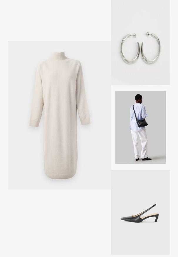 Kremo spalvos ilgas megztinis su aukštu kaklu, ilgomis rankovėmis ir dryžuotais rankogaliais bei apvadu ant baltos fono.; Juodas smailus slingback batelis su žemu kulnu, pagamintas iš lygaus odos paviršiaus ir su išpjovomis šone, užtikrinančiomis oro pralaidumą.; Juodas odinis petinis krepšys su minkšta tekstūra, trikampiu pavidalu ir reguliuojama juosta, derinamas su šviesiai mėlynu dryžuotu marškinėliu ir baltais džinsais.; Sidabriniai apvalūs auskarai su lygiu, išlenktu dizainu. Yra blizgus metalinis paviršius ir smeigtukų uždarymas. Nėra matomų raštų ar akcentų.