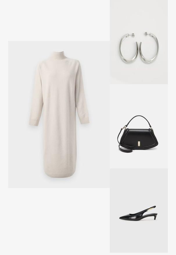 Kermavärvusega pikk sviitertopp, millel on sooniklist kõrge kaelus, pikad varrukad ning soonikuline mansett ja äär. Taust on valge.; Mustat nahkaiset slingback-korkokengät, joissa on terävä kärki, ohuet korot ja kultasävytteinen yksityiskohta säädettävässä hihnassa. Silkkinen pinta.; Mustalla nahkalaukulla, jossa on jämäkkä muotoilu, lyhyt malli, yläkahva ja kultaiset yksityiskohdat. Säädettävä olkahihna sisältyy.; Hope hopeista, joissa on sileä, kaareva muotoilu. Varustettu kiiltävällä metallipinnoitteella ja nappikiinnityksellä. Ei näkyviä kuvioita tai koristeluja.