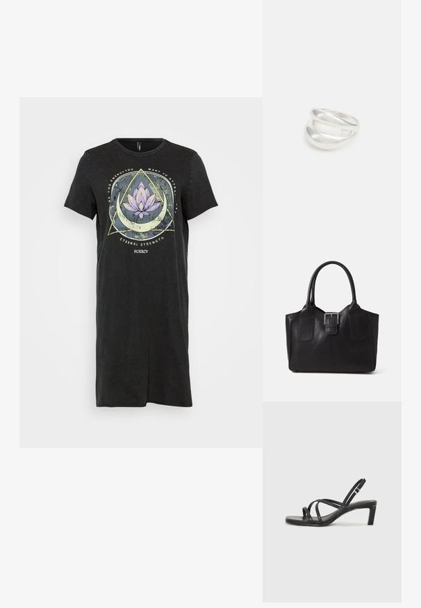 Melnā T-kreklu kleita ar brīvu piegriezumu, kam priekšpusē ir grafika ar purpura lotosa ziedu un ģeometriskajiem motīviem. Īsas piedurknes.; Melnas strappy sandales ar kvadrātveida purngaliem un zemu bloku papēdi. Ievērojamas ar vairākiem plāniem siksniņām un regulējamu potītes siksniņu. Izgatavotas no gludas ādas.; Melnas ādas somiņa ar gludu tekstūru, strukturētu formu, divām rokturām un izteiktu sudraba sprādzi priekšpusē.; Sudraba divu joslu gredzens ar gludu, pulētu virsmu. Iezīmējas ar plūstošu, izliekta dizaina struktūru ar pārklājošām sekcijām modernam izskatam.