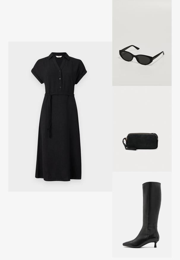 Svart klänning med knappställd design, krage och korta uppvikt ärmar. Klänningen har en snäv midja med ett matchande bälte och en flödande kjol.; Zign Stövel - black; Svarta solglasögon med en smal, kattögsform. Tillverkade av slät plast, med mörka linser och subtila logotypdetaljer på bågarna.; Svart mocka clutchväska med dragkedjestängning och avtagbart handledsband. Utrustad med guldfärgad hårdvara och en slät, matt yta.