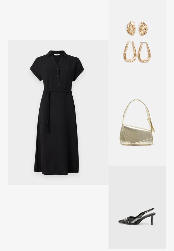 Mustapaita, jossa on kaulus ja lyhyet käännetyt hihat, joissa on kiristetty vyötärö, joka on varustettu yhteensopivalla vyöllä, sekä hulmuava hame.; Musta patenttinen nahkainen slingback-kengät, joissa on terävä nenä, nilkkahihnat hopeisilla soljilla ja varusteilla sekä hoikka korko.; Kultainen metallinen käsilaukku, jossa on jämäkkä muotoilu, sileä pinta ja säädettävä olkahihna. Sisältää ainutlaatuisen kolmiomaisen muodon ja minimalistisen tikkaustyylin.; Korukultainen korvakorut, joissa on teksturoituja, aaltoilevia muotoja. Mukana on veistokselliset klipsikorvakorut ja avoin rengasmalli, jossa on vasaroitu pinta.