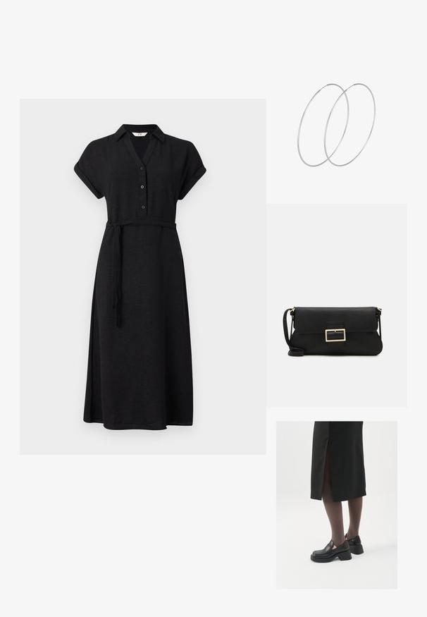 Abito nero con colletto e maniche corte arrotolate, presenta una vita stretta con una cintura abbinata e una gonna fluida.; Scarpe in pelle nera con punta arrotondata, tacco spesso a blocco e accenti laterali in elastico, abbinate a collant scuri e una gonna nera con uno spacco.; Borsa a mano in pelle nera con patta e dettaglio in metallo dorato. Include una tracolla nera e un design elegante e minimalista.; Orecchini a cerchio in argento con un design minimalista. Forma circolare, superficie liscia e profilo sottile. Leggeri con una finitura lucida.