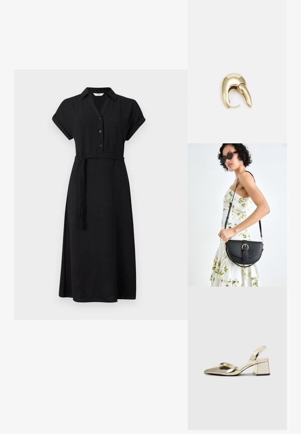 Crna haljina na dugmad s kragnom i kratkim rukavima, sadrži usku struk s odgovarajućim remenom i lepršavu suknju.; Zlatni metalik slingback sandali s šiljatim vrhom i debelim potpeticama. Glatka tekstura, minimalistički dizajn i uski remen.; Crna kožna torba s lukovitim oblikom, odvojivim remenom i zlatnim detaljima. Torba ima preklop s kopčom.; Zlatne metalne naušnice s elegantnim, zakrivljenim dizajnom. Imaju karakterističan šiljast oblik, poliranu površinu i zatvaranje na šarku.
