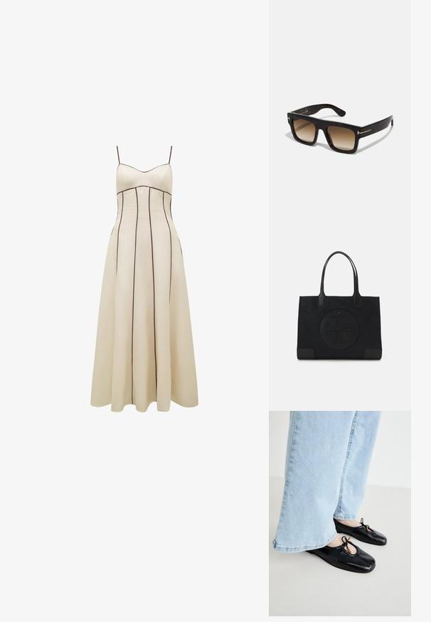 Robe maxi couleur crème avec des bretelles fines, un corsage ajusté et une jupe évasée, présentant des coutures verticales marron en contraste pour le détail.; Ballerines noires en cuir avec un bout arrondi, dotées d'une découpe et d'un nœud, portées avec un jean taille haute bleu clair à jambes larges.; Lunettes de soleil en écaille de tortue avec une monture carrée, des verres bruns dégradés et de subtile accents dorés sur les branches.; Sac fourre-tout noir en tissu, doté d'un logo embouti en design circulaire. Texture lisse avec des accents en cuir contrastés.