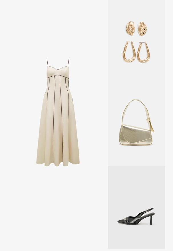 Krema boje maxi haljina s tankim trakama, krojenim gornjim dijelom i lepršavom suknjom, koja ima kontrastne smeđe vertikalne šavove za detalje.; Crna lakirana slingback cipela s izduženim vrhom, remenčićima oko gležnja s srebrnim kopčama i dijelovima, te vitkim potplatom.; Zlatna metalna torba s uređenim dizajnom, glatkom teksturom i podesivim remenom. Ima jedinstven trokutasti oblik i minimalističko šivanje.; Naušnice zlatne boje s teksturiranim, valovitim oblicima. Uključuju skulpturalne kopče i dizajn otvorene kružnice s kovanom završnom obradom.