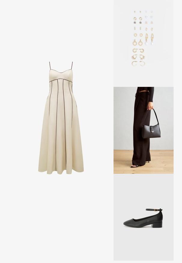 Rochie maxi de culoare crem, cu bretele subțiri, corset ajustat și fustă evazată, având cusături verticale maro contrastante pentru detaliu.; Pantof cu toc negru din piele, cu vârf ascuțit și toc mic pătrat. Dispune de o curea la gleznă cu o cataramă în tonuri de aur. Textură netedă.; Genți negre cu o formă structurată, textură netedă și un închizător metalic. Asortată cu pantaloni negri largi și sandale cu vârf deschis pe un podea din lemn.; Set de cercei aurii, cu diverse designuri, inclusiv cercei tip stud, cercei hoop și cercei lungi cu perle și strassuri.