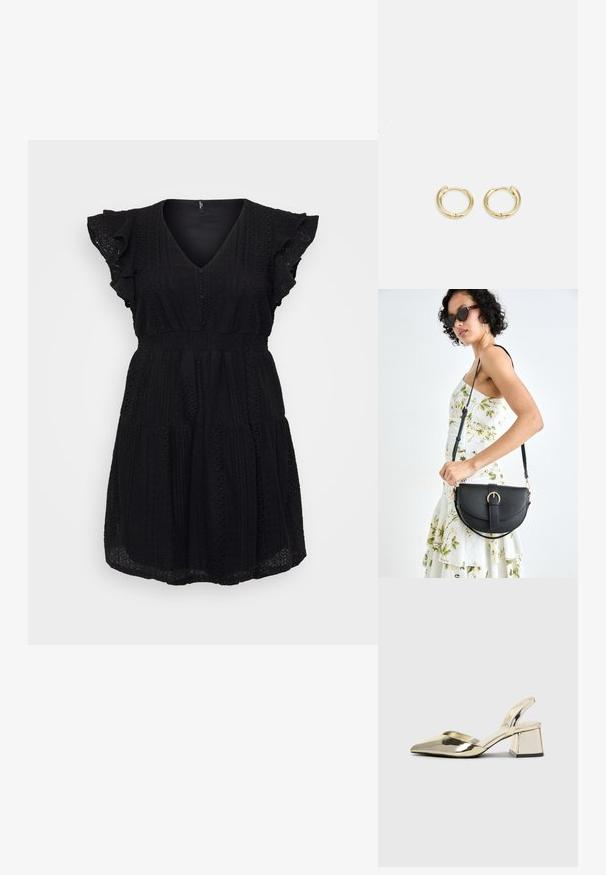 Schwarzes Kleid mit V-Ausschnitt, kurzen Rüscheärmeln, strukturiertem Stoff und tailliertem Schnitt, das zu einem schwingenden Rock übergeht.; Goldene, metallische Slingback-Absätze mit spitzem Zeh und dicker Ferse. Glatte Textur, minimalistisches Design und ein schmaler Riemen.; Schwarze Lederhandtasche mit geschwungener Form, abnehmbarem Tragegurt und goldenen Beschlägen. Die Tasche verfügt über einen Deckel mit einer Schnallen-Details.; Goldene Creolen mit einem glatten, abgerundeten Design. Sie verfügen über einen kleinen Scharnierverschluss, sehen leicht aus und haben ein poliertes Finish.