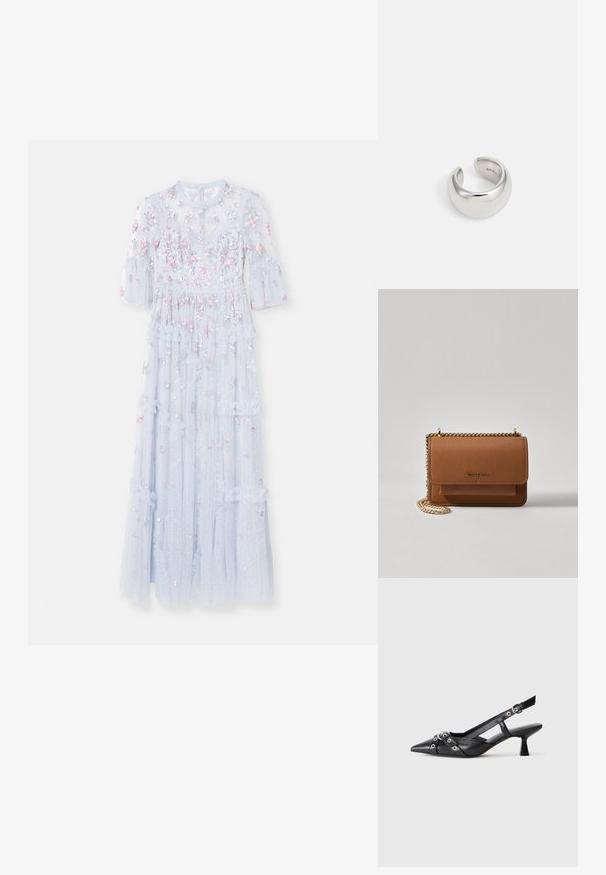 Needle & Thread SHIMMER DITSY LONG SLEEVE GOWN - Gallakjole - cloud; Sort lædersandal med spids tå, dekorative stropper med metaløjer og en lav blokhæl. Struktureret overflade.; Brun tekstureret læder crossover-taske med guldkæde-rem og klaplukning. Forsiden har logo-detalje og en lomme under klappen.; Maria Black TRYVANN EAR CUFF - Én ørering - silver coloured