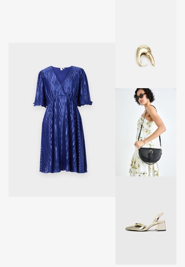 Plava plisirana haljina s V-izrezom i kratkim napućenim rukavima. Izrađena od lagane, sjajne tkanine s naboranim naglascima na rukavima.; Zlatni metalik slingback sandali s šiljatim vrhom i debelim potpeticama. Glatka tekstura, minimalistički dizajn i uski remen.; Crna kožna torba s lukovitim oblikom, odvojivim remenom i zlatnim detaljima. Torba ima preklop s kopčom.; Zlatne metalne naušnice s elegantnim, zakrivljenim dizajnom. Imaju karakterističan šiljast oblik, poliranu površinu i zatvaranje na šarku.