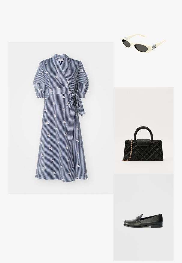 Juostuota apvyniojimo suknelė tamsiai mėlynos spalvos su gėlių akcentais, trumpomis pūstomis rankovėmis ir dirželiu juosmenyje. Pagaminta iš lengvos medžiagos.; Juodi odiniai loaferiai su apvalia nosimi, pakeltomis siuvimo detalėmis ir žemu grioveliu. Lygi tekstūra su subtiliu blizgesiu.; Kreminės spalvos saulės akiniai su ovaliais objektyvais, juodu tonu ir metaliniais logotipų akcentais ant šventyklų. Lygus paviršius, katės akies dizainas.; Juodas rankinės pagamintas iš struktūrizuotos odos, su deimanto raštu, auksinės spalvos grandinėle, viršutine rankena ir logotipu išsiskiriančiu užtrauktuku.