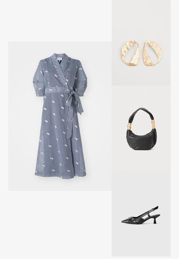 Vestito avvolgente a strisce blu navy con dettagli floreali, maniche a puff corte e vita con cintura. Realizzato in tessuto leggero.; Scarpa slingback nera in pelle con punta affusolata, cinturini decorativi con occhielli metallici e tacco basso a blocco. Superficie testurizzata.; Borsa a tracolla in pelle nera con una forma rotonda, texture morbida e manico annodato con dettagli in metallo dorato. Chiusura con zip.; Un paio di orecchini in metallo di tonalità dorata, di forma ovale irregolare, con superficie texturizzata e leggermente martellata, su uno sfondo bianco.