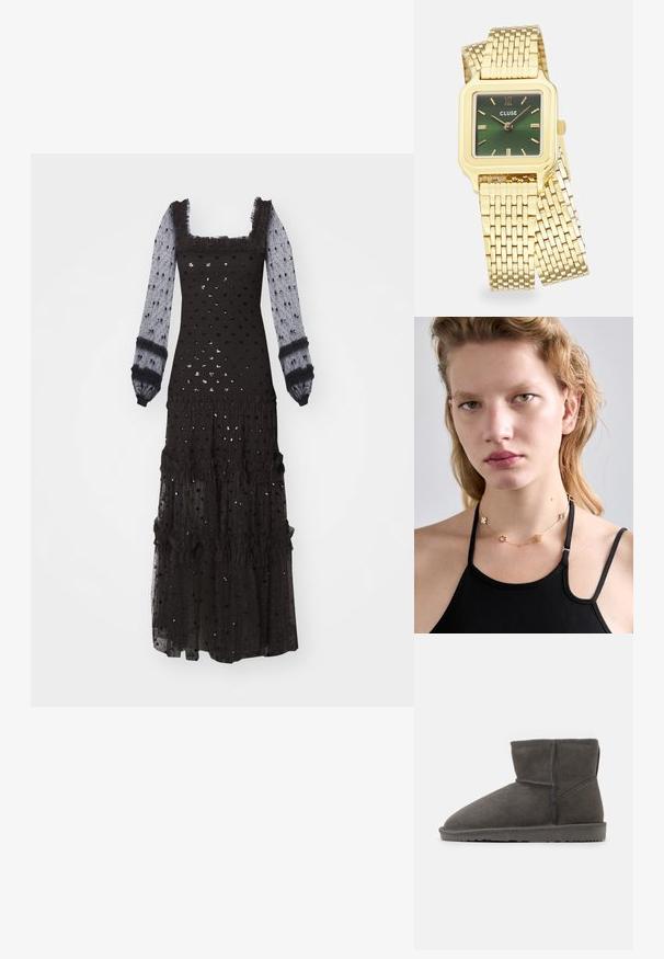 Sort maxikjole med lange gennemsigtige ærmer, firkantet halsudskæring, rynkede detaljer, struktureret prikket mønster og lagdelt frynse-detaljering.; Grå ruskind ankelstøvle med spids tå og blødt indre foder. Har en flad gummisål og minimal syning.; Guld firkantet armbåndsur med en grøn gradient skive, guld timeindekser og et mesh armbånd. Brandnavnet "CLUSE" vist på skiven.; Guldkæde med dekorative metalblomster og accenter, båret over en sort tanktop, der fremhæver dets design og struktur.