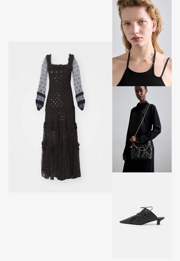 Must välja maxi kleit, millel on pikad läbipaistvad varrukad, ruudukujuline kaelus, volangakujulised detailid, tekstureeritud täppide muster ja kihiline volangide viimistlus.; Mustad nahast libisemisega mullingud terava varbaga, volditud tekstuuriga ja väikese kitinõelaga. Omab tõmbluku detaili avas.; Must mustriga mustriga nahk käekott koos kogutud tipuga, kuldne ahel ja ristkülikuline kuju, hoitakse lihtsa tausta vastu.; Kuldne kettkaelakee, millel on dekoratiivsed metallist lillekujud ja aktsendid, kantud musta topi kohal, rõhutades selle disaini ja tekstuuri.