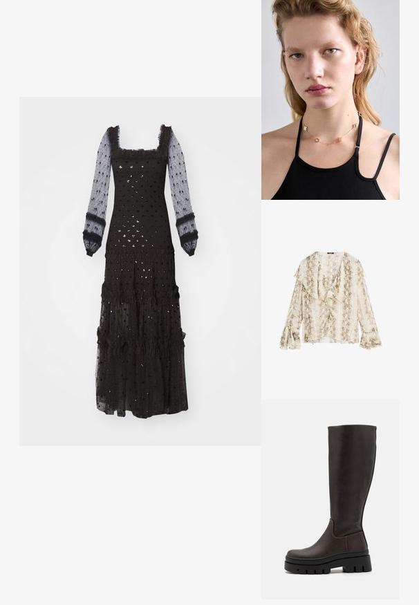 Černé maxi šaty s dlouhými průhlednými rukávy, čtvercovým výstřihem, volánkovými detaily, strukturovaným vzorem s puntíky a vrstvenými volánky.; Massimo Dutti SNAKESKIN PRINT GARMENT WITH RUFFLES - Blůza - beige; Hnědé kožené vysoké boty do kolen s masivní černou platformou a minimálními detaily šití. Elegantní design s hladkým povrchem.; Zlatý řetízek s dekorativními kovovými květinovými tvary a akcenty, nošený přes černý tílko, zvýrazňující jeho design a texturu.