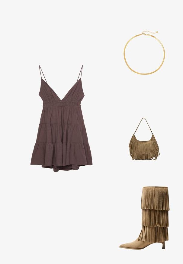 Smeđa, bez rukava haljina s dubokim V-izrezom, elastičnim strukom i slojevitim volanima na rubu. Izrađena od lagane tkanine s mekim teksturom.; Kratka čizma od tan sueda s tri sloja rese. Oštri vrh i niska blok peta. Glatka tekstura kroz cijelu čizmu.; Smešena smeđa suđena torba s dugim resicama, zakrivljenim oblikom i jednim remenom za rame. Ima glatku, teksturiranu površinu.; Zlatna mrežasta choker ogrlica s ravnim, fleksibilnim dizajnom. Ima lanac za produženje koji omogućuje prilagodljivu duljinu. Glatka tekstura, minimalistički izgled.
