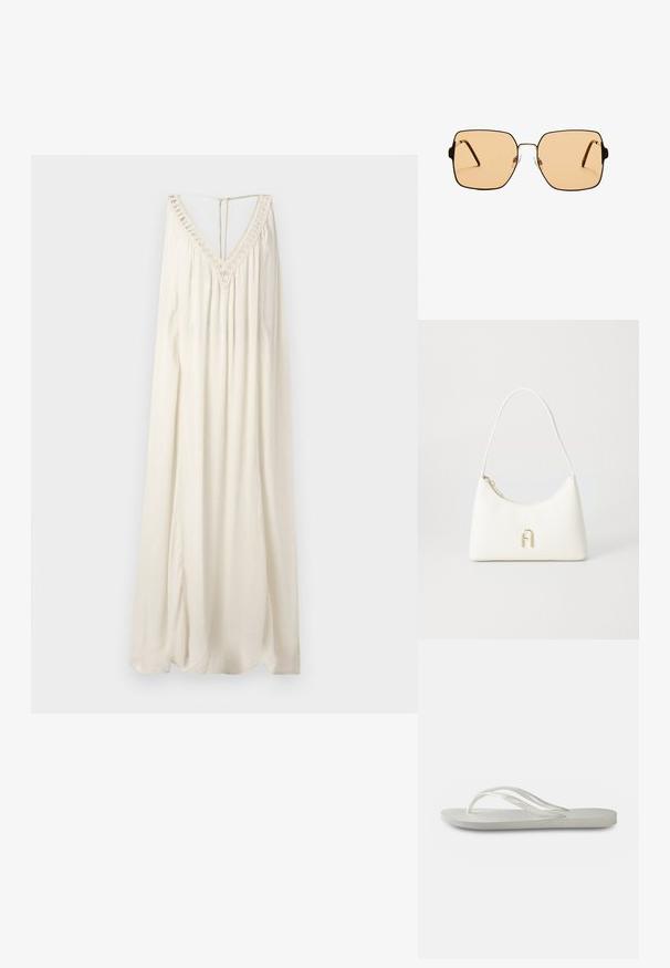 Dlouhé bezramínkové šaty zOff-white látky. Mají hluboký výstřih do V s krajkovým lemem a klíčovou dírkou na zádech. Volný design s jemnou texturou.; Bílé žabky s texturovanou podešví, s tenkými pásky a plochým designem. Vyrobené z gumy s jemným logem na stélce.; Čtvercové sluneční brýle s hnědými skly a tenkým černým kovovým rámem. Mají šikmé stranice a nastavitelná nosní polštářky pro pohodlí.; Bílá kabelka s zakřiveným tvarem a hladkým povrchem. Obsahuje akcent s logem v zlatém tónu a zapínání na zip. Nastavitelný ramenní popruh.