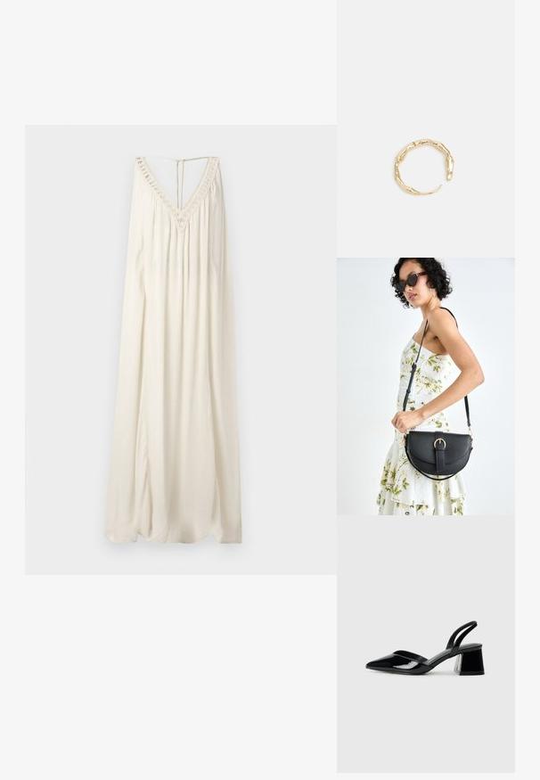 Garā, bez piedurknēm, kleita izgatavota no krēmkrāsas auduma. Ar dziļu V-veida izgriezumu, apvilktu ar mežģīņu apdari, un ar atvērumu aizmugurē. Plūstošs dizains ar smalku tekstūru.; Melna lakota āda ar atvērto papēdi, ar smailu purngalu un ģeometrisku blokpapēdi. Iezīmējas elegants, minimāls dizains un gluda tekstūra.; Melnas ādas rokassoma ar izliekta formu, noņemamu siksnu un zelta aksesuāriem. Somai ir vāciņš ar sprādzes detaļu.; Zelta toņa gredzens ar organisku, vērptu dizainu, gludu virsmu un sašaurinātiem galiem, radot mūsdienīgu, skulpturālu izskatu.