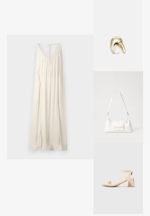 Dolga brezrokavna obleka iz off-white blaga. Ima globok V-izrez s čipkastim robom in odprtino na hrbtni strani. Tokratna zasnova z rahlo teksturo.; Zlate metalne sandale na visoki petek z angularnim blok petkom, dvema trakoma nad stopalom in nastavljivim trakom za gleženj. Gladka tekstura.; Bela sintetična torbica v obliki trikotnika, z ravnim sprednjim poklopcem in detajlom mašne, nastavljivim trakom, gladko teksturo in minimalističnim dizajnom.; Uhane nakit iz zlatastega tona z gladko, ukrivljeno zasnovo. Ima edinstveno koničasto obliko, polirano površino in zaponko s tečajem.