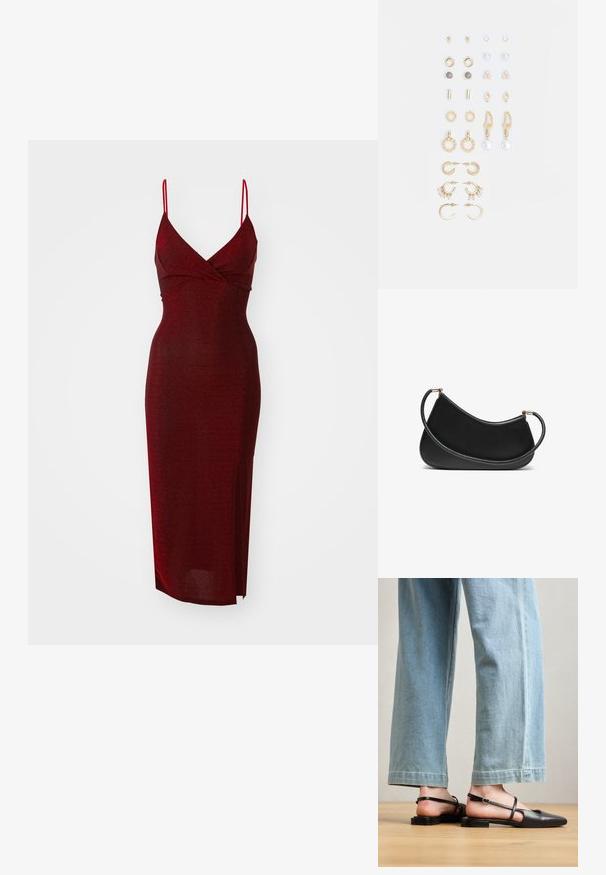 WAL G. EXCLUSIVE NYE GLITTER ARGENTINE MIDI - Koktejlové šaty / šaty na párty - wine; Černé kožené boty na klínku s špičatou špičkou, plochým podpatkem a páskem kolem kotníku; nošeny s světle modrými širokými kalhotami.; Černá kožená kabelka přes rameno s zakřiveným designem, se strukturovaným popruhem a zlatým kováním na horním uzávěru. Hladký povrch.; Sada náušnic ve zlatém tónu s různými designy, včetně pecek, kruhů a visacích kousků s perlami a rhinestony.