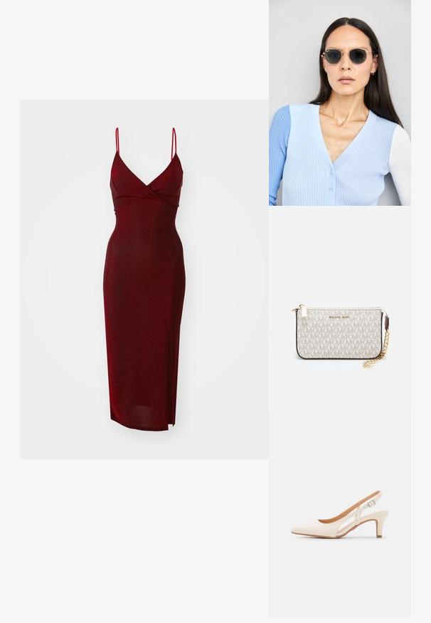 WAL G. EXCLUSIVE NYE GLITTER ARGENTINE MIDI - Koktélruha / Partiruha - wine; Fehér slingback sarok, hegyes orral, sima felső anyaggal, alacsony blokk sarkával és oldalsó kivágott dizájnnal, állítható csatpánttal.; Kerek napszemüveg sötét lencsékkel és arany kerettel. A modellen világoskék, bordázott kardigán van gombokkal és kontrasztos fehér ujjaival.; Michael Kors bézs bevonatos vászon karkötő, amely ismétlődő MK logó mintával, aranyszínű fémrészletekkel és levehető lánchordóval rendelkezik.