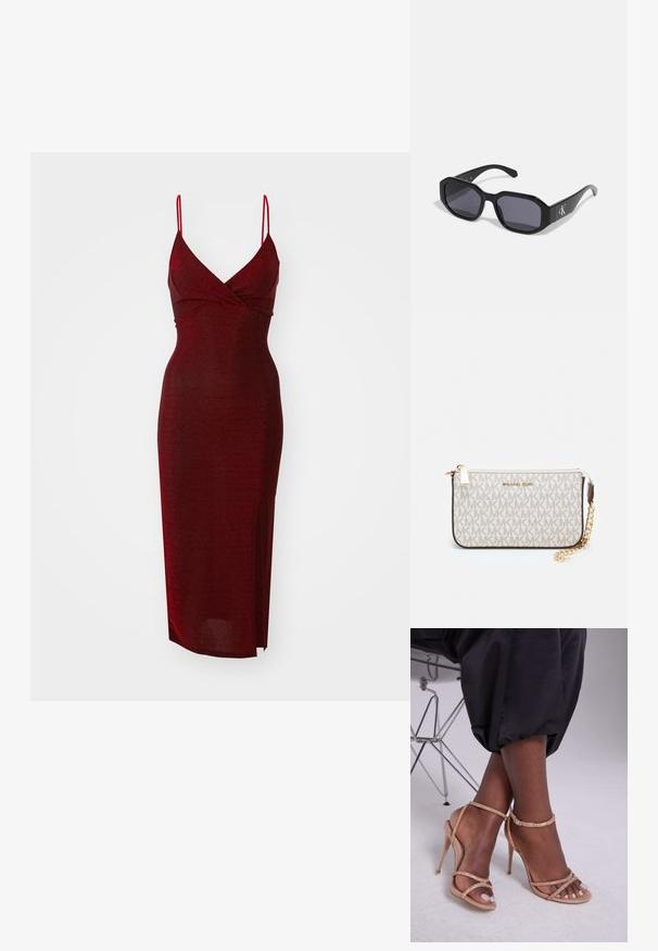 WAL G. EXCLUSIVE NYE GLITTER ARGENTINE MIDI - Koktélruha / Partiruha - wine; Beige színű, kristályokkal díszített magassarkú szandál, nyitott orral, vékony pántokkal és karcsú sziluettal.; Fekete napszemüveg, nyolcszögletű kerettel, sötét lencsékkel, fényes műanyagból készült, és egy ezüst logós kiegészítővel az egyik oldalon.; Michael Kors bézs bevonatos vászon karkötő, amely ismétlődő MK logó mintával, aranyszínű fémrészletekkel és levehető lánchordóval rendelkezik.; Arany fém fülbevalók hullámos mintával; sima, fényes felület; aszimmetrikus forma; látható minták vagy szerelvények nélkül.