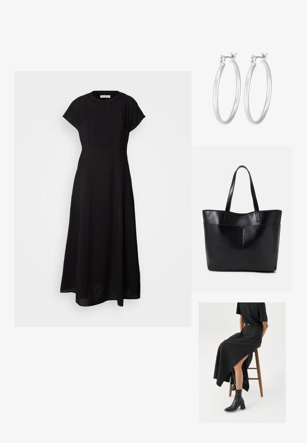 Schwarzes Maxikleid mit Rundhalsausschnitt, kurzen Kappärmeln und lässiger Passform. Der Stoff wirkt strukturiert mit einem dezenten Glanz und seitlichem Schlitzdetail.; Schwarzer Leinen-Maxi-Rock mit hohem Schlitz, getragen mit einem schwarzen T-Shirt und schwarzen Knöchelstiefeln. Minimalistisches Design mit lockerer Passform.; Schwarze Leder-Shopper-Tasche mit zwei langen Griffen, einer glatten Textur und einer strukturierten Form. Verfügt über eine Vordertasche für zusätzlichen Stauraum.; Silberne Creolen mit einer glatten, polierten Oberfläche. Runder Form und sicherem Klickverschluss. Leichtes Design, geeignet für den täglichen Gebrauch.