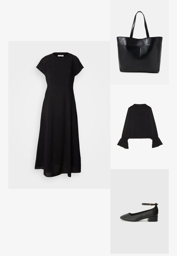 Vestido maxi preto com decote redondo, mangas curtas em forma de cap e um ajuste solto. O tecido parece texturizado com um brilho sutil e detalhe de fenda lateral.; Top preto de mangas longas com punhos largos, textura suave e um corte descontraído, com um simples decote redondo.; Sandal de pele preta com bico pontiagudo e um salto bloco baixo. Apresenta uma tira no tornozelo com uma fivela em tom dourado. Textura suave.; Bolsa tote preta em couro com duas alças longas, textura suave e forma estruturada. Apresenta um bolso frontal para armazenamento adicional.