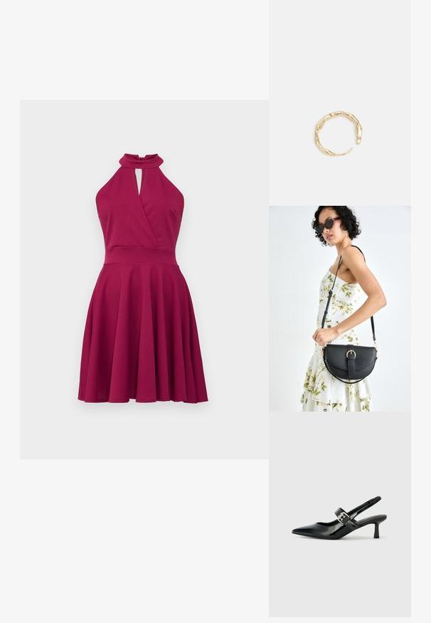 Tobulintas halterio suknelė giliu magentos atspalviu su rakto skylutės detale, apvyniojimu ir platesne sijonu, pagaminta iš lygaus, tampraus medžiagos.; Juodai lakuoti slingback aukštakulniai su smailiu kojų pirštu ir mažais blokiniais kulniukais, su sidabro sagtimi ant dirželio.; Juodas odinis krepšys su išlenkta forma, nuimamu dirželiu ir auksiniais detalėmis. Krepšys turi kilpą su sagtimi.; Auksinės spalvos žiedas, turintis organišką, sukimosi dizainą su lygiu paviršiumi ir siaurėjančiais galais, sukuriantis modernią skulptūrinę išvaizdą.