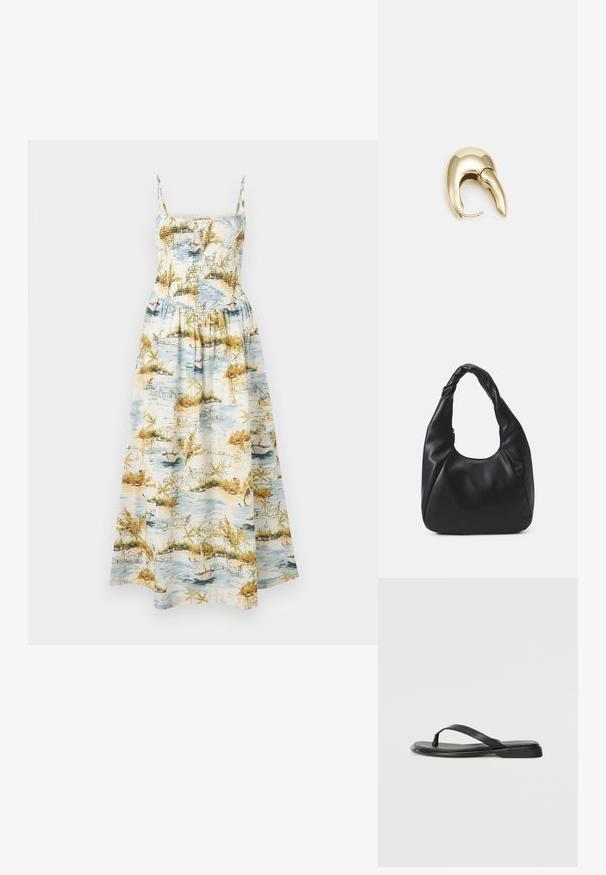Maxikjole med smale stropper, smocket liv og et landskapsprint som viser vann, båter og tropisk løvverk i blå, grønn og oransje nyanser.; Sorte flip-flop laget av glatt lær, med en tynn stroppdesign og en flat såle med et minimalistisk utseende. Ingen bemerkelsesverdige mønstre eller aksenter.; Svart hobo-bag laget av glatt, læraktig materiale med et tvistet håndtak, som har en myk, avrundet form og en glidelås lukking på toppen.; Gullfarget metalløredobber med et elegant, buet design. Har en karakteristisk spiss form, polert overflate og hengsel-lukking.