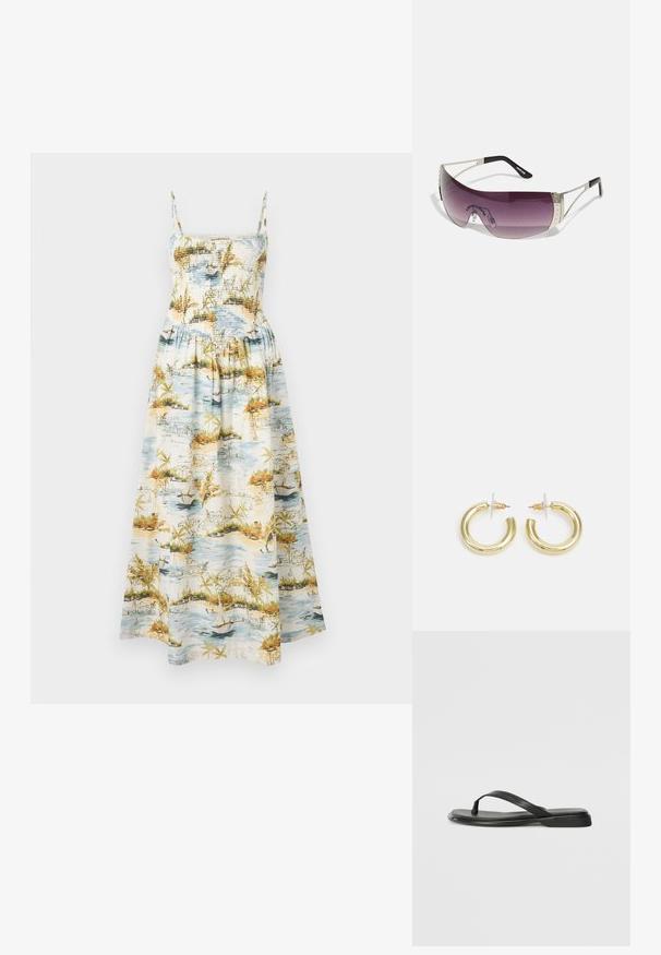 Maxi suknelė su siaurais petnešėlėmis, susiraukšlėjusia liemene ir kraštovaizdžio spauda, vaizduojančia vandenį, valtis ir tropinius augalus mėlynos, žalios ir oranžinės spalvų atspalviuose.; Juodos šlepetės, pagamintos iš lygios odos, su plona dirželių konstrukcija ir plokščiu padu, turinčiu minimalų profilį. Be pastebimų raštų ar akcentų.; Akiniai nuo saulės su dideliu, išlenktu purpuriniu lęšiu, sidabro metaliniais akcentais ir juodomis tempomis su logotipu. Matomi tekstūruoti rėmo detalės.; Aukso auskarai su lygiu, blizgiu paviršiumi. Apvalus dizainas su maža užrakto dalimi ir skaidria atrama saugiam nešiojimui.