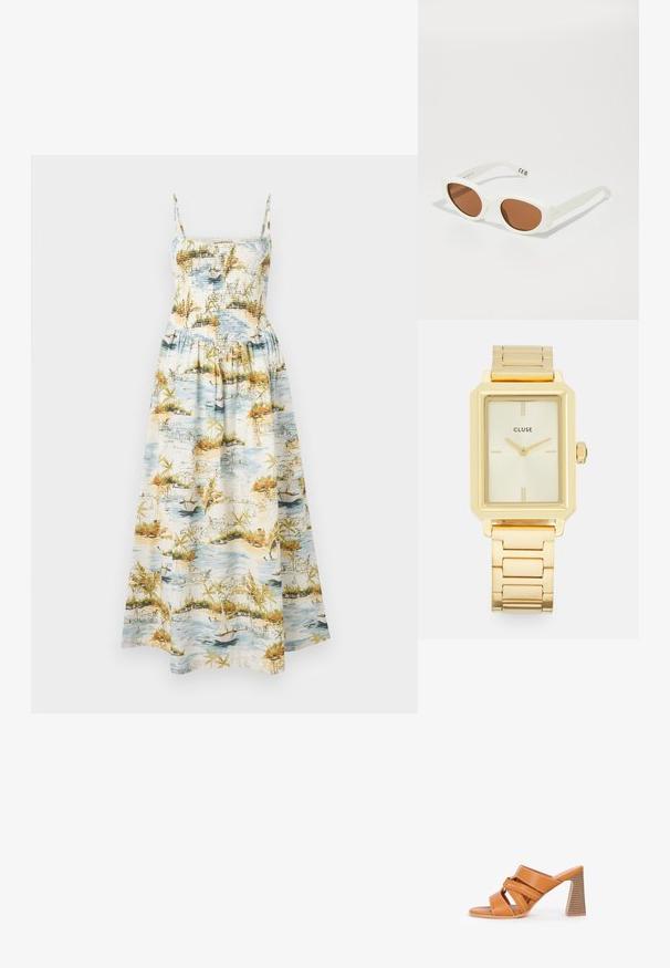 Maxi-jurk met smalle bandjes, gerimpelde lijfje en een landschapprint met water, boten en tropische begroeiing in blauwe, groene en oranje tinten.; Oranje faux leren hoge hak mules met kruislings banden, open teen en een gestructureerde blokhak. Gladde afwerking met zichtbare stikdetails.; Witte ovale zonnebril met bruine lenzen, voorzien van een matte afwerking en rechte armen. Opvallende details zijn de merknaam op de poot.; Gouden rechthoekige polshorloge met een minimalistisch ontwerp, voorzien van een crèmekleurige wijzerplaat, gouden wijzers en een metalen schakelband. Merktekens bevatten de merknaam.