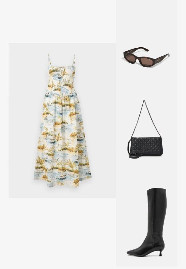 Maxi kjole med smalle stropper, smocket bodice og et landskabsprint med vand, både og tropisk vegetation i blå, grønne og orange nuancer.; Zign Høje støvler/ Støvler - black; Brune skildpaddemønstrede solbriller med rektangulær form, mørkebrune linser og guld "vogue" branding på stængerne.; Sort quiltet lædertaske med kæderyg, prydet med kraniumdetaljer og en lynlåslukning. Struktureret overflade med en glansfuld finish.