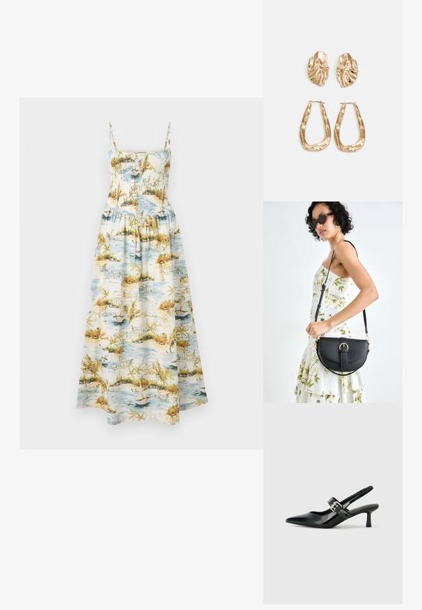 Maxikleid mit schmalen Trägern, gerafftem Oberteil und einem Landschaftsdruck, der Wasser, Boote und tropisches Laub in Blau-, Grün- und Orangetönen zeigt.; Schwarze Lackleder Slingback-Absätze mit spitzem Zeh und kleinem Blockabsatz, ausgestattet mit einem silbernen Schnallenakzent am Riemen.; Schwarze Lederhandtasche mit geschwungener Form, abnehmbarem Tragegurt und goldenen Beschlägen. Die Tasche verfügt über einen Deckel mit einer Schnallen-Details.; Ohrringe in Goldoptik mit strukturierten, gewellten Formen. Beinhaltet skulpturale Clip-Ohrringe und ein offenes Hoop-Design mit gehämmertem Finish.