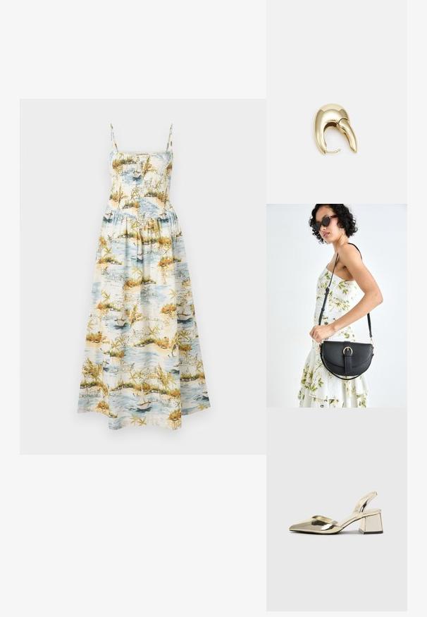 Abito lungo con spalline sottili, busto arricciato e stampa paesaggistica che presenta acqua, barche e fogliame tropicale in tonalità di blu, verde e arancione.; Tacchi slingback metallici color oro con punta appuntita e tacco grosso. Texture liscia, design minimalista e una cinghia stretta.; Borsa a tracolla nera in pelle con una forma curva, manico rimovibile e accessori dorati. La borsa presenta una patta con un dettaglio a fibbia.; Orecchino in metallo color oro con un design elegante e curvo. Presenta una forma appuntita distintiva, superficie lucida e chiusura a cerniera.