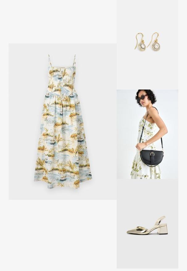 Maxi kjole med smalle stropper, smocket bodice og et landskabsprint med vand, både og tropisk vegetation i blå, grønne og orange nuancer.; Guld, metalliske slingback-hæle med spids tå og kraftig hæl. Glat tekstur, minimalistisk design og en smal strop.; Sort læderhåndtaske med en buet form, aftagelig rem og guldfinish. Tasken har en klap med en spænde detalje.; Guldtonede øreringe med ovalformede klare krystaller omgivet af mindre klare sten, med et krogdesign for sikker bæring.