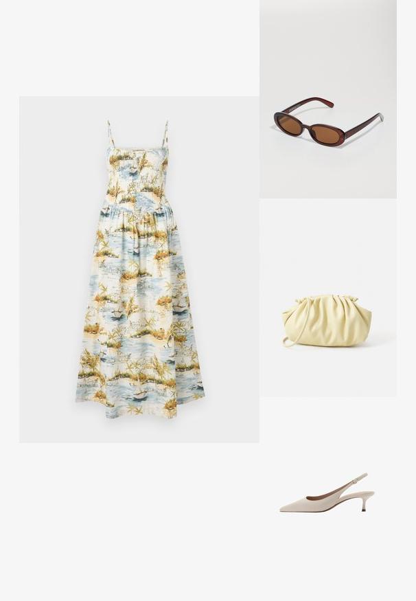 Maxi kjole med smalle stropper, smocket bodice og et landskabsprint med vand, både og tropisk vegetation i blå, grønne og orange nuancer.; Beige slingback-hæle med spids tå og en lav, flared hæl. Fremstillet af glat læder med et minimalistisk design og justerbar rem.; Runde, bruntonede solbriller med en glansfuld bordeauxramme. Slanke arme med diskret brandingdetalje. Flad linsedesign.; Gul plisseret håndtaske lavet af glat kunstlæder, med en blød form, en enkelt skulderrem og samlet topdesign.