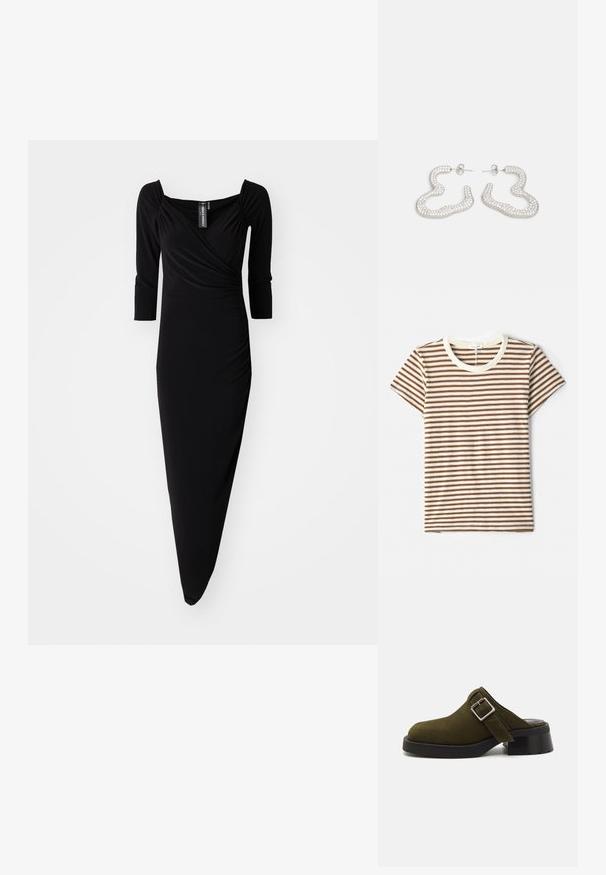 Czarna sukienka z długimi rękawami o kwadratowym dekolcie, z marszczeniami i asymetrycznym dołem. Wykonana z gładkiego, elastycznego materiału.; Koszulka w paski z brązowo-białymi poziomymi paskami, krótkimi rękawami oraz kremowym dekoltem w serek, uszyta z miękkiego, teksturowanego materiału.; Khaki zamszowe mule z niskim, grubym czarnym obcasem. Posiada boczny pasek z metalową klamrą w kolorze srebrnym do regulacji. Gładka tekstura na całej powierzchni.; Srebrne kolczyki w kształcie falistego, abstrakcyjnego wzoru, ozdobione małymi, błyszczącymi kryształkami. Zapięcie na wygodne zatyczki.