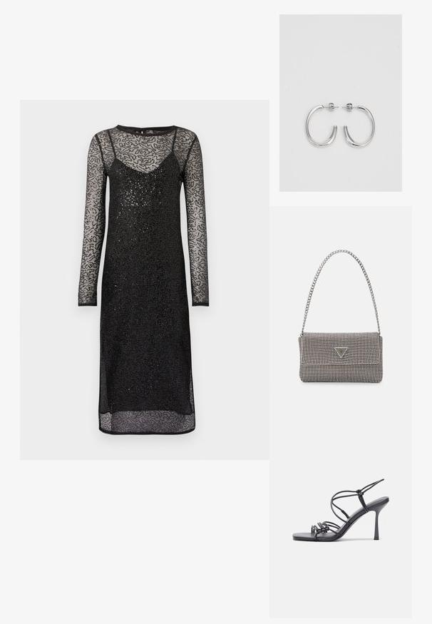Fekete, hosszú ujjú ruha, melynek egy illeszkedő belső rétege és áttetsző csipke felső rétege van. Texturált mintázattal és finom csillogással rendelkezik.; Fekete magas sarkú szandálok vékony pántokkal, csomózott mintával, sima négyzetes orral és karcsú stiletto sarkal rendelkeznek.; Világosszürke fémes kézitáska lánc pánttal, kis kör alakú fém kifinomult díszítéssel és háromszög alakú márkagéppel.; Ezüst karika fülbevalók sima, fényes felülettel. Lekerekített forma, könnyű kialakítással, tűs zárómechanizmussal.
