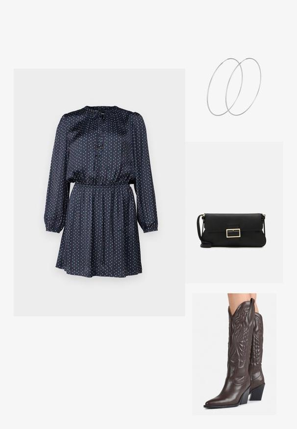 Mornarsko moder obleko iz lahkega materiala z dolgimi rokavi, okroglo ovratnico in rdečimi ter belimi pikami. Elastičen pas za zategnjen videz.; Rjave usnjene kavbojske čevlje z ostrim nosom in blok peto, ki vsebujejo podrobno šivanje in dvignjene dodatke na zgornjem delu.; Črna usnjena torbica na preklop z zlato kovinsko zaponko. Vključuje črn trak in eleganten, minimalističen dizajn.; Srebrne uhane v obliki obroča z minimalističnim dizajnom. Krožna oblika, gladka tekstura in tanek profil. Lahki s poliranim zaključkom.
