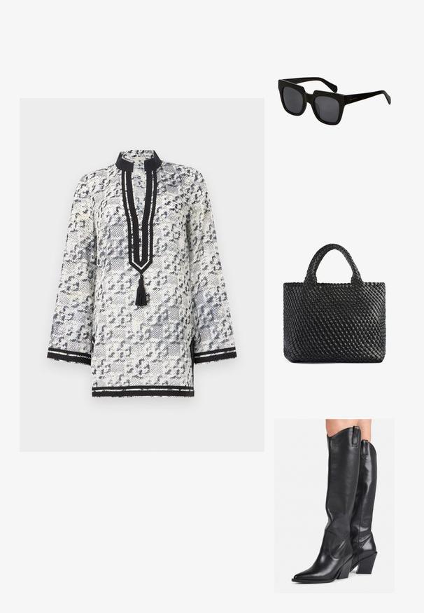 Witte en marineblauwe tuniek met een mandarinakraag, drie kwart mouwen, een knoopsluiting met een kwastje en zwarte gestreepte accenten.; Zwarte leren laarzen tot net onder de knie met een spits toelopende neus, een gestructureerde afwerking en een brede hak. Voorzien van zijwaartse aantreklussen en subtiele stikdetails.; Zwarte rechthoekige zonnebril met dikke kunststof monturen en donkere lenzen. De pootjes zijn slank met een glanzende afwerking en minimale branding.; Zwarte geweven tas met twee handvatten, met een gestructureerd oppervlak en een rechthoekige vorm. Eenvoudig, uniek ontwerp zonder zichtbare bevestigingsmiddelen.