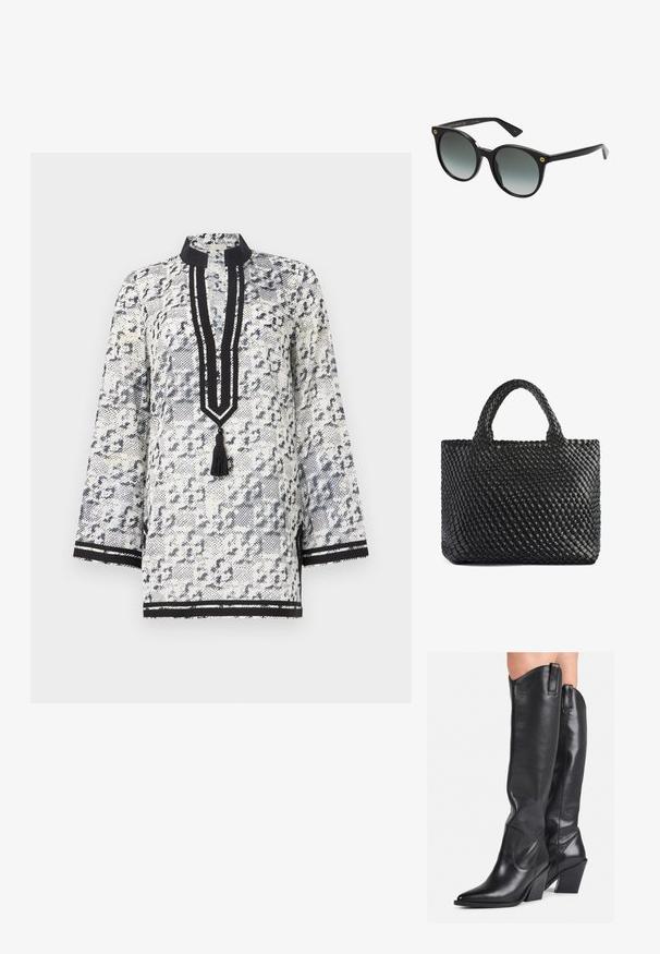 Bílá a námořnickou modrou tuniku s mandarin límcem, rukávy tří čtvrtin, légu s třásní a černými pruhovanými akcenty.; Černé kožené vysoké boty po kolena s špičatou špičkou, zakřiveným svrškem a robustním podpatkem. Mají hladkou texturu a poutka na vrchu.; Černé oversized sluneční brýle s gradientovými skly. Plastový rám s zaobleným tvarem. Zlatý logotyp na boku. Hladký povrch.; Černá tkaná taška přes rameno s dvěma držadly, která má texturovaný povrch a obdélníkový tvar. Jednoduchý, jedinečný design bez viditelného kovového příslušenství.