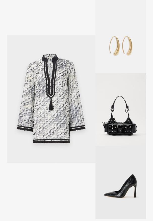 Fehér és tengerészkék mintás tunika mandarin gallérral, háromnegyedes ujjakkal, zsinórral ellátott gombolással és fekete csíkos díszítésekkel.; Fekete hegyes orrú magassarkú cipő krokodilbőr textúrával, letisztult dizájnnal, magas tűsarkú és sima fekete belső résszel.; Fekete bőr kézitáska ívelt designnal, ezüst szegecsekkel, csattal és két oldalsó zsebbel. Állítható vállpánt a hordozási lehetőségekhez.; Aranyszínű fémből készült karika fülbevalók ívelt, hosszúkás formával. Simaságával és fényes felületével, valamint lekerekített végével további részletekkel bővül.