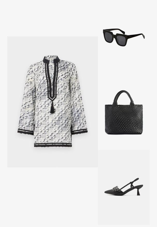 Tunique blanche et marine à motifs avec un col mandarin, des manches trois-quarts, une patte de boutonnage avec un gland et des accents rayés noirs.; Simmi London DALA - Escarpins - black; Lunettes de soleil noires rectangulaires avec des montures en plastique épaisses et des verres sombres. Les branches sont élégantes avec une finition brillante et un marquage minimal.; Sac fourre-tout tissé noir avec deux poignées, présentant une surface texturée et une forme rectangulaire. Design simple et unique sans quincaillerie visible.