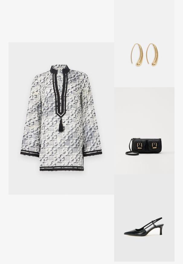 Valge ja tumesinine mustriga tunika mandariini kraega, kolme veerandi varrukatega, nööpide ja puhvri ning mustade triibuliste aktsentidega.; Mustmust paelad, millel on terav varvas, tekstuuriga maduprindiga, reguleeritav rihm ja lühike tekstuuriga plokknina.; Must küllastamata nahast õlakott, millel on kaks esist nähtavat taskut, kuldsed pandlad, tõmblukuga sulgemine ja peen rihm. Tekstuuriga pind ja kompaktne ristkülikukujuline kuju.; Kuldtoonilised metallist rõngas kõrvarõngad, millel on kõver ja piklik kuju. Omavad siledat, läikivat pinda ja ümarat tipptugevdust, mis lisab detaili.