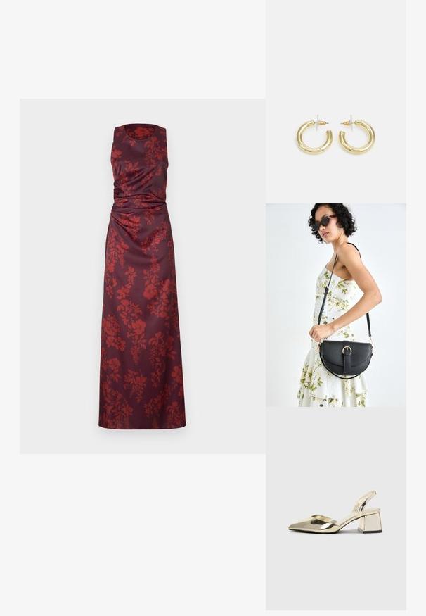 Ujjatlan, padlóhosszú ruha sötét burgundi selyemből, vörös virágmintákkal. Derékrészien ráncolt kivitel és kerek nyakkivágás jellemzi.; Arany, fémből készült slingback sarkú cipők hegyes orral és vastag sarokkal. Simaság, minimalista design és keskeny pánt jellemzi.; Fekete bőrtáska ívelt formával, levehető pánttal és arany színű fémrészekkel. A táskán egy csattal díszített fedél található.; Arany fülbevalók sima, fényes felülettel. Kör alakú dizájn, amely kis kapoccsal és átlátszó tartozékkal rendelkezik a biztonságos viselés érdekében.