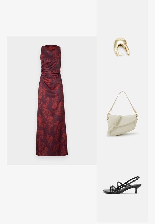 Mansējo, grīdas garuma kleita tumši ķiršu sarkanā satīnā ar sarkaniem ziedu rakstiem. Tajā ir rušēšana jostasvietā un apaļa izgriezuma forma.; Melni papēžu sandales ar vairākiem krustveida siksnām. Gluda materiāla, norādīta purngala un šaura papēža. Regulējama potītes siksna ar sprādzīti.; Maza krēmkrāsas rokas soma ar teksturētu apdari, garu regulējamu siksniņu, ķēdes akcentu un vāciņa aizdari. Zelta aparatūras detaļas.; Zeltīti metāla auskari ar gludu, izliekta dizaina. Ar atšķirīgu smailu formu, pulētu virsmu un eņģu aizdari.