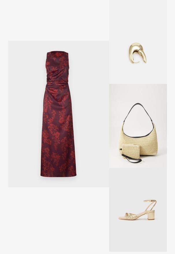 Rochie fără mâneci, lungime până la podea, din satin burgund închis cu modele florale roșii. Prezintă plissare la talie și un decolteu rotund.; Sandale cu toc auriu, cu un design cu bretele răsucite, vârf deschis și curea pentru glezna. Are toc pătrat și un finisaj metalic neted.; Geantă din paie țesută, cu o siluetă curbată, având o curea din piele neagră netedă și un plic mic asortat, atașat printr-un breloc pentru încheietură.; Cercei din metal de culoare aurie cu un design elegant și curbat. Prezintă o formă distinctivă, ascuțită, o suprafață lustruită și un sistem de închidere cu balama.