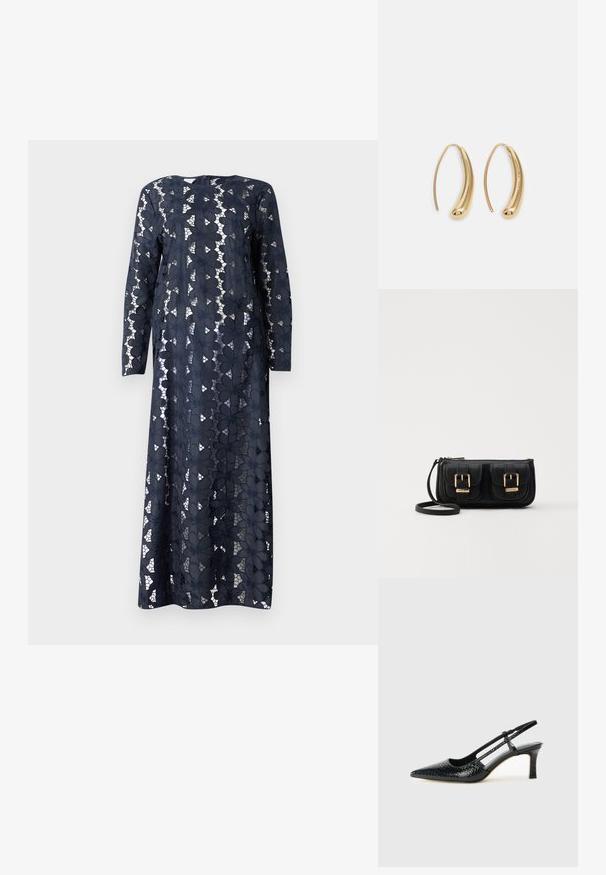 Baum und Pferdgarten ADEA - Rochie maxi - baritone blue; Pantofi cu toc slingback negri din patent, cu vârf ascuțit, cu imprimeu de șarpe texturat, curea ajustabilă și toc scurt texturat.; Geantă neagră din piele, tip crossbody, cu două buzunare frontale, catarame aurii, închidere cu fermoar și o curea subțire. Suprafață texturată și formă rectangulară compactă.; Cercei din metal auriu, cu un design curbat și alungit. Au o suprafață netedă și strălucitoare, cu un vârf rotunjit pentru un detaliu suplimentar.